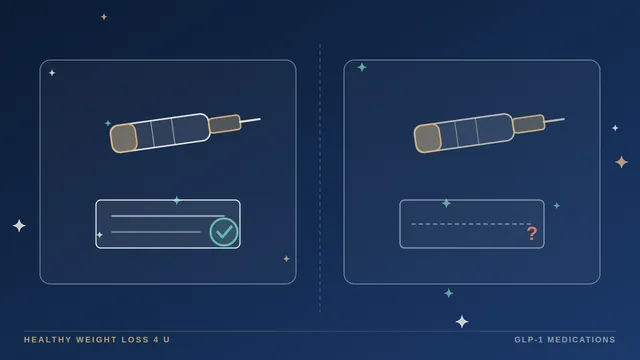 Two injection pens, one with an approved-label seal and one under a magnifier, illustrating brand-name versus compounded review