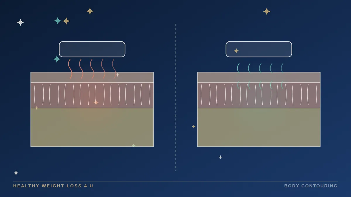 Skin cross-section with heat waves and mechanical vibration arcs under dimpled skin