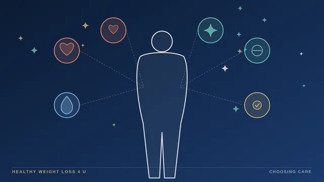 Illustration of a body silhouette linked to icons for blood pressure, glucose, lungs, knee, liver and heart