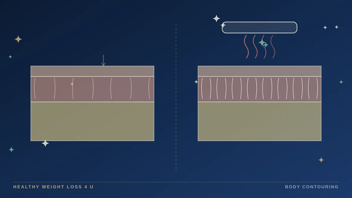 Cross-section of skin layers showing stretched skin with sparse fibers beside retracted skin with denser fibers