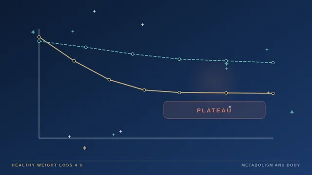 Weight curve flattening into a plateau with a shaded gap between expected and actual energy expenditure