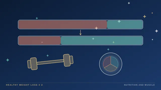 Body composition bar showing larger fat loss than lean loss beside a dumbbell and a protein-rich plate