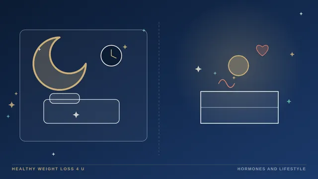 Illustration contrasting a dark bedroom with a lit kitchen at night, with a balance scale between sleep and appetite