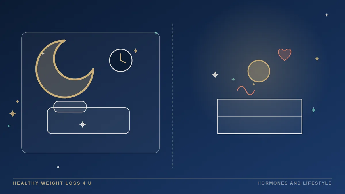 Illustration contrasting a dark bedroom with a lit kitchen at night, with a balance scale between sleep and appetite
