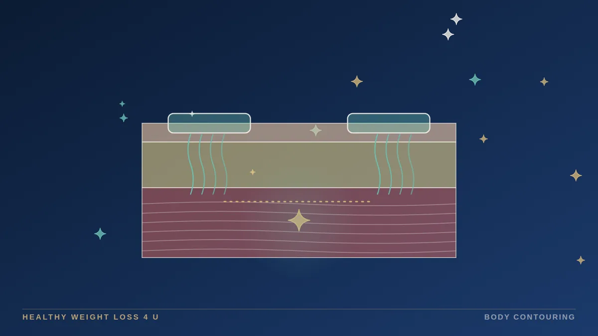 Abdominal cutaway with electrode pads sending pulses to a contracting abdominal muscle beside a waveform graph