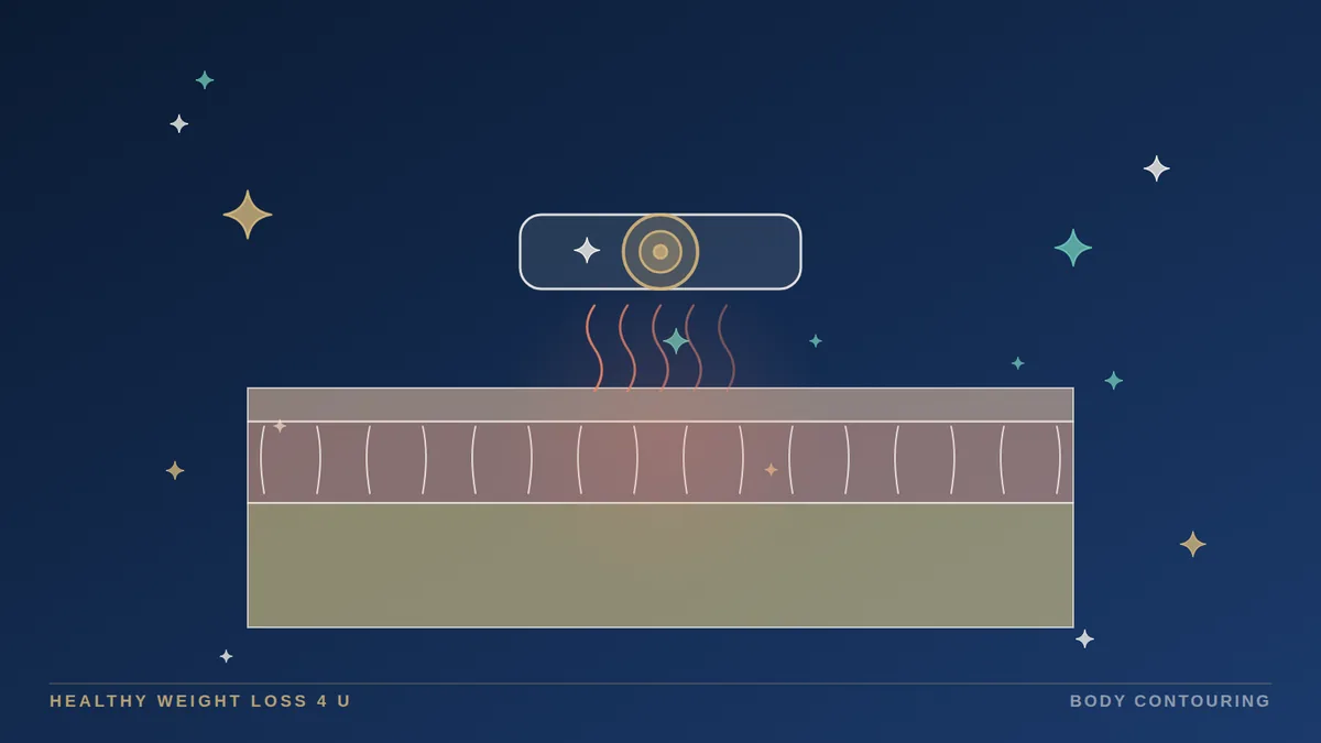 Illustration of a radiofrequency applicator over a cross-section of skin with face and body treatment areas marked